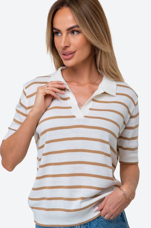 Women's Short Sleeve Striped Knitted Polo Jumper Happyfox