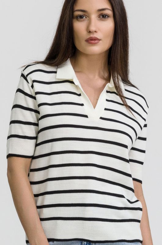 Women's short sleeve striped knitted polo sweater Happyfox