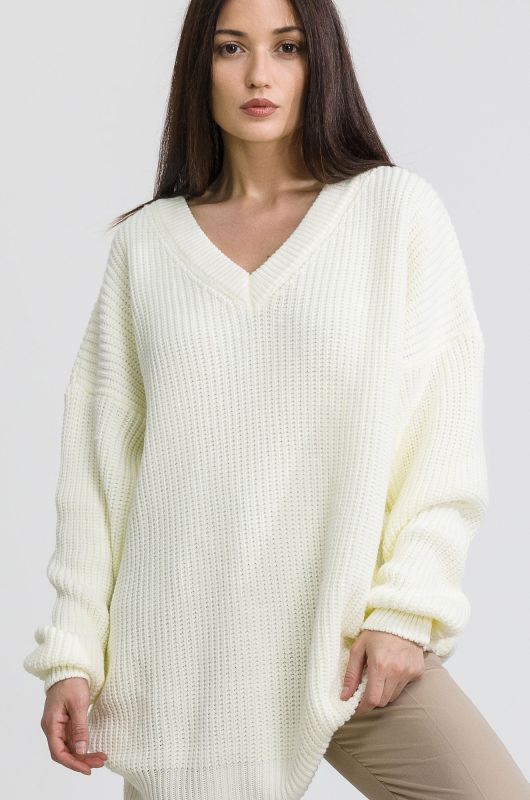 Women's Long Knitted Oversize Sweater with V-Neck Happyfox