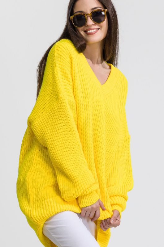 Women's Long Knitted Oversize Sweater with V-Neck Happyfox