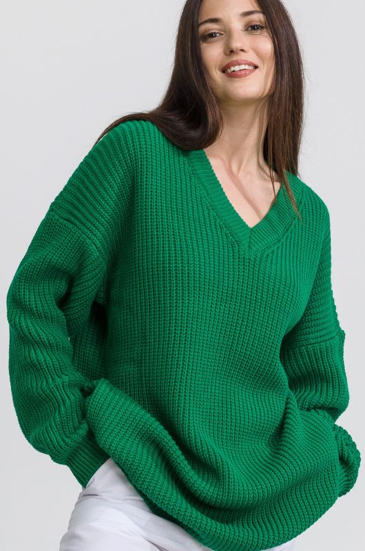 Women's Long Knitted Oversize Sweater with V-Neck Happyfox