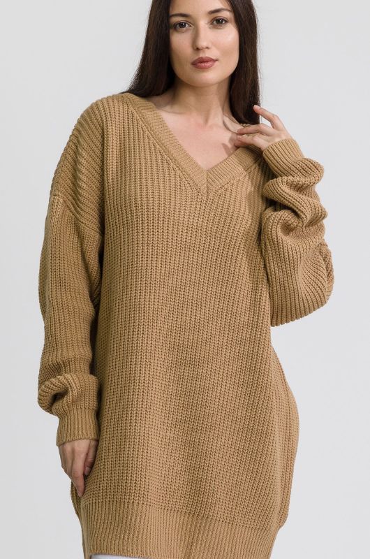 Women's Long Knitted Oversize Sweater with V-Neck Happyfox