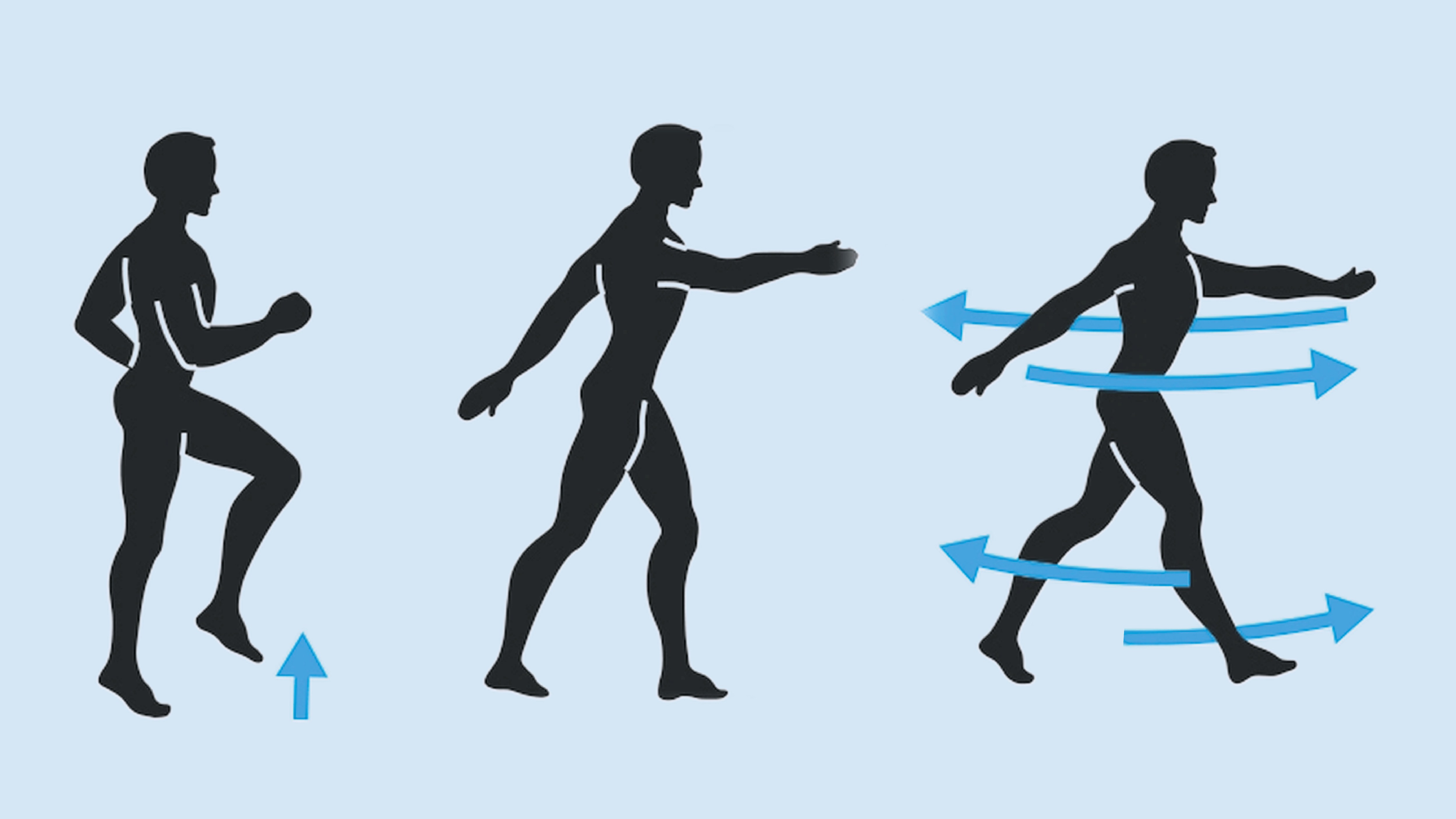 Exercise sequence showing a person running, stepping, and rotating their torso.