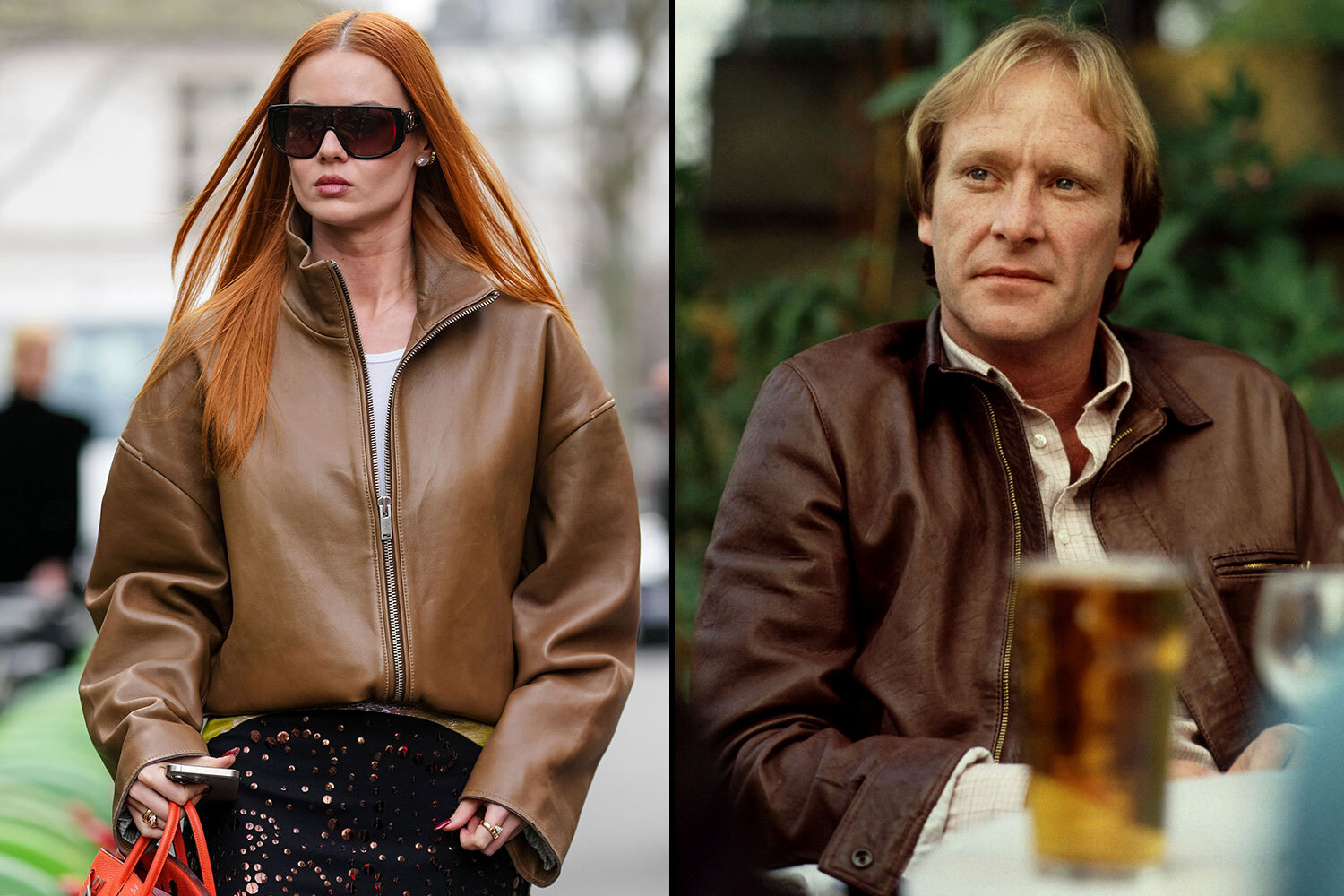 Comparison image of two people wearing brown leather jackets.