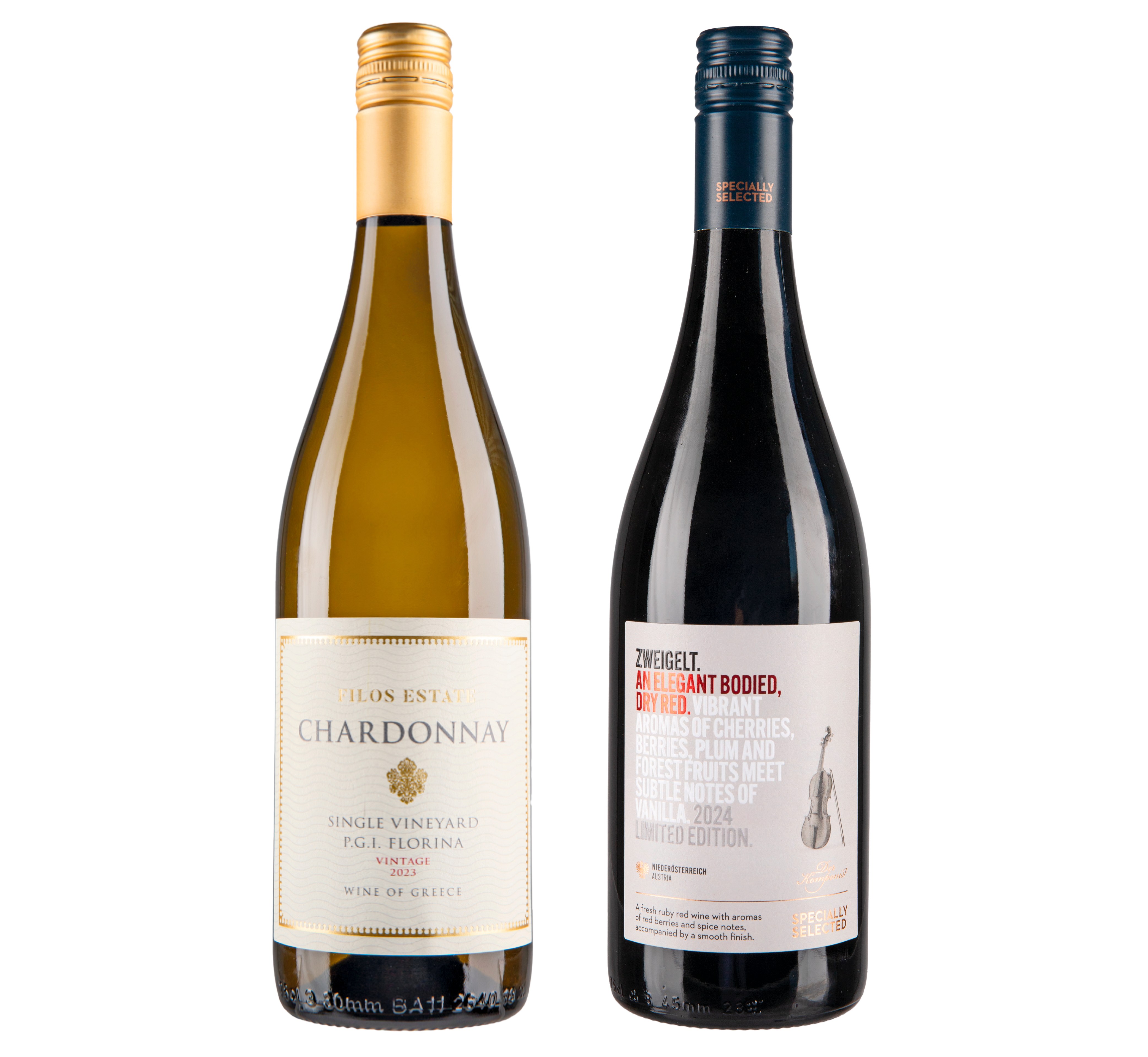 Two bottles of wine, a white Chardonnay and a red Zweigelt.