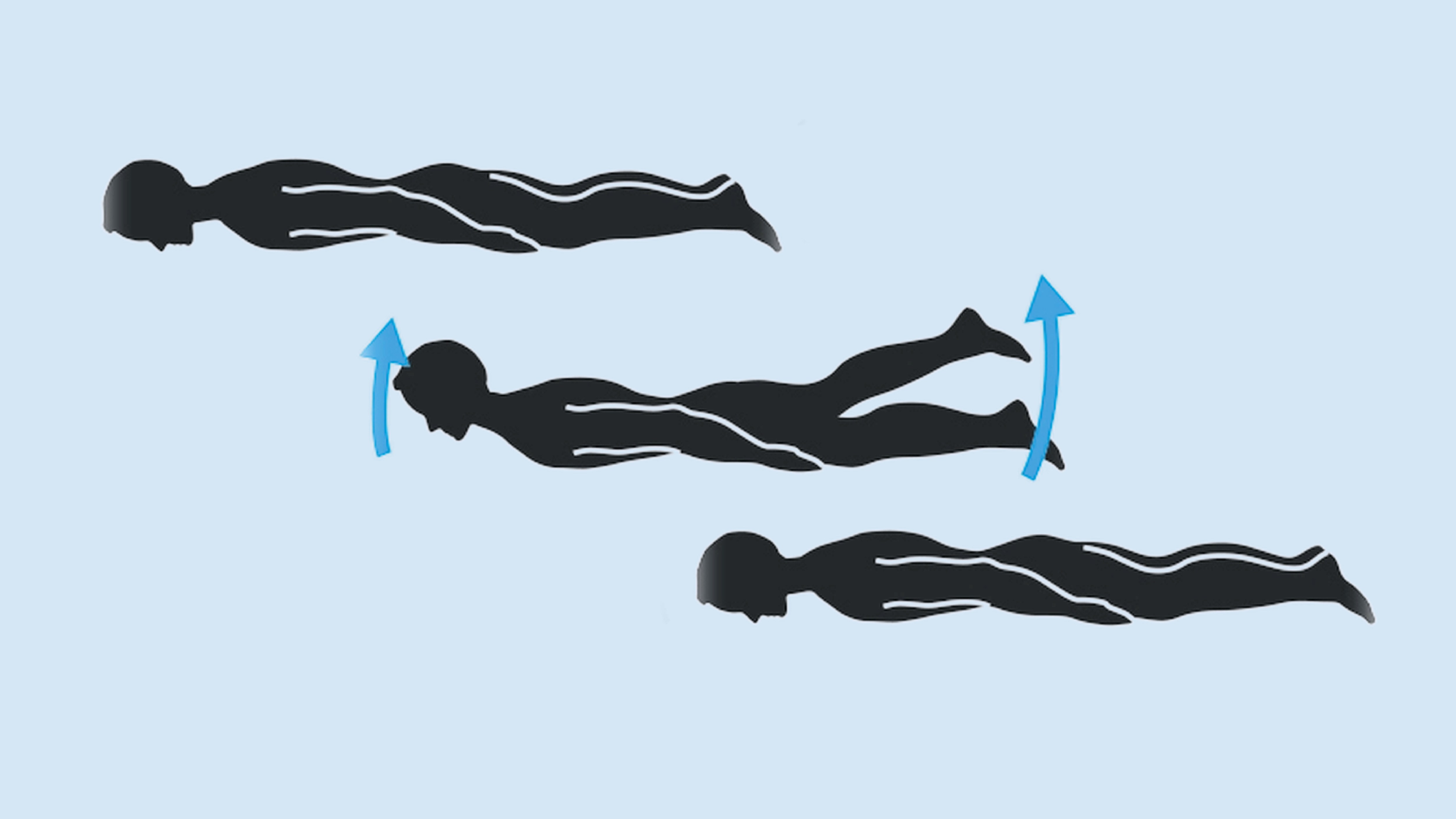 Three illustrations showing steps in a swimming exercise.