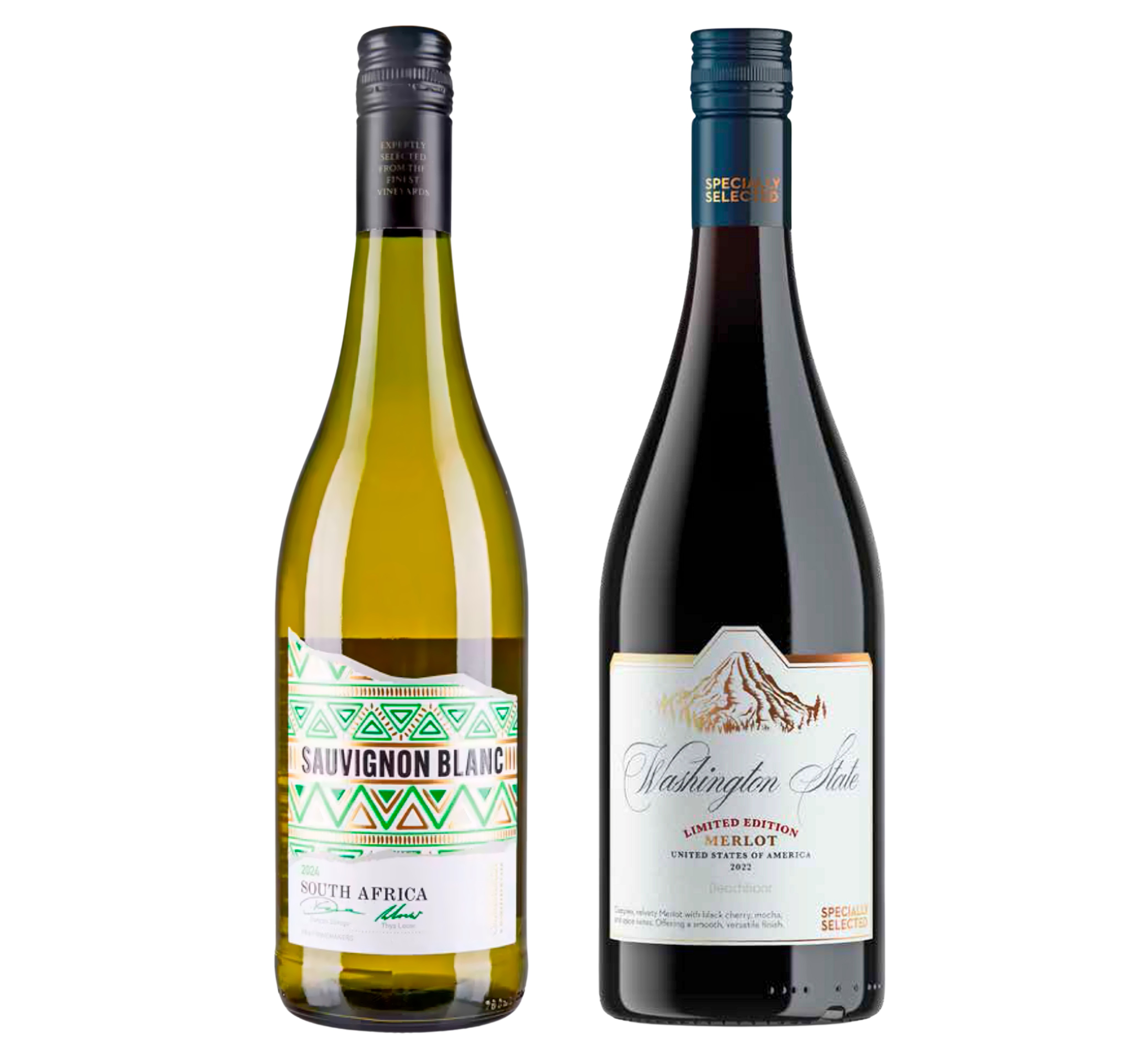 Two bottles of wine; a Sauvignon Blanc from South Africa and a Merlot from Washington State.